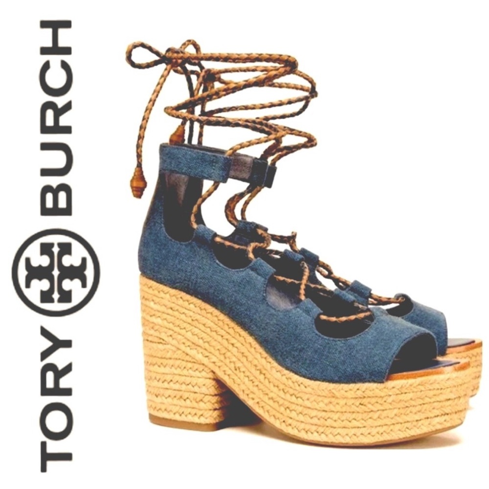 Tory Burch Denim & Tan Wedges like new!